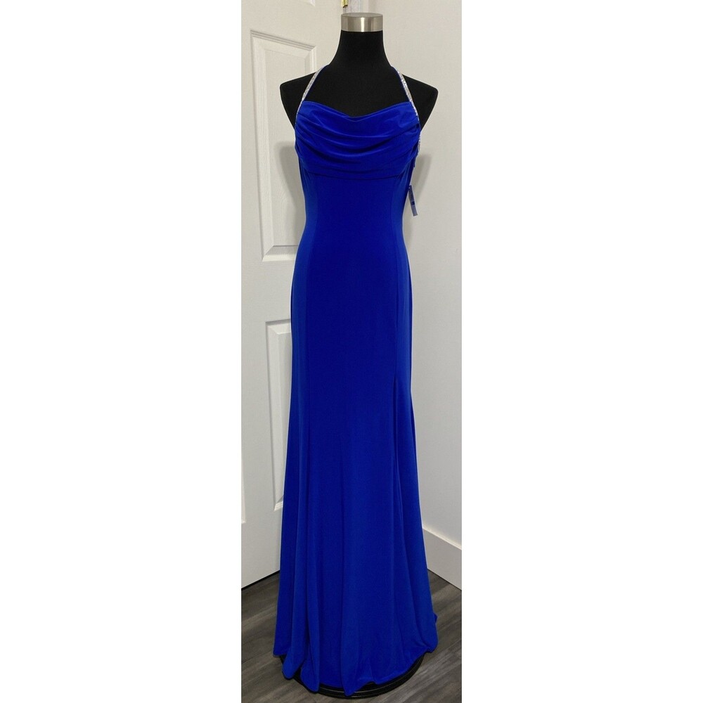 Morgan Co Y2k 90s Prom HOCO Gown Dress Blue Halter Strappy Cage Back Rhinestone